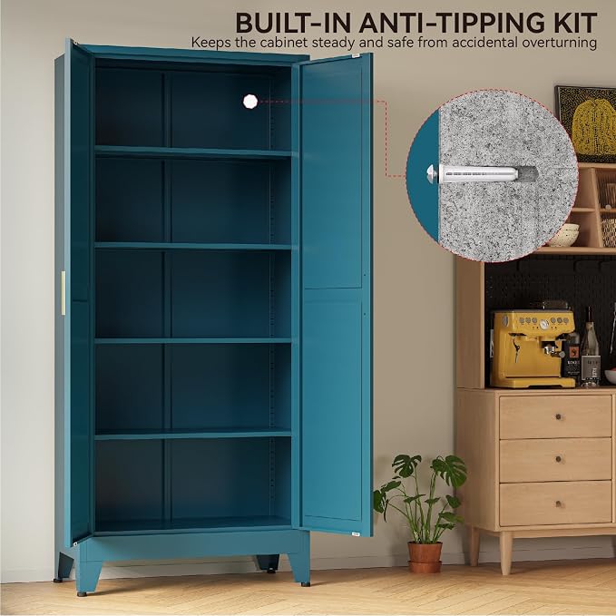 COFaR 71" Metal Pantry Cabinet in Peacock Blue, 5-Tier Storage - Image 6