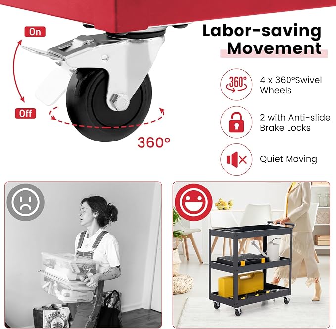 Goplus 3-Tier Utility Cart, Heavy Duty Commercial Service Tool Cart w/Lockable - Image 2