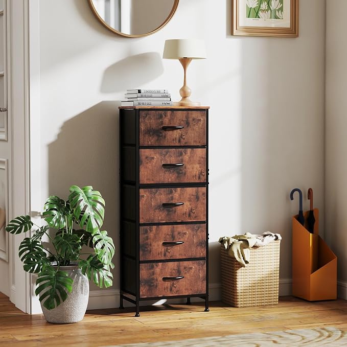 DUMOS Nightstand with 5 Drawers Bedside Table with Removable Fabric Bins Sturdy - Image 2