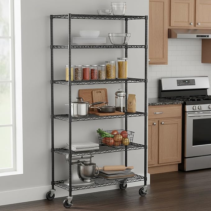 6-Tier Metal Storage Rack with Wheels, Sturdy Adjustable Wire Shelving Unit - Image 2