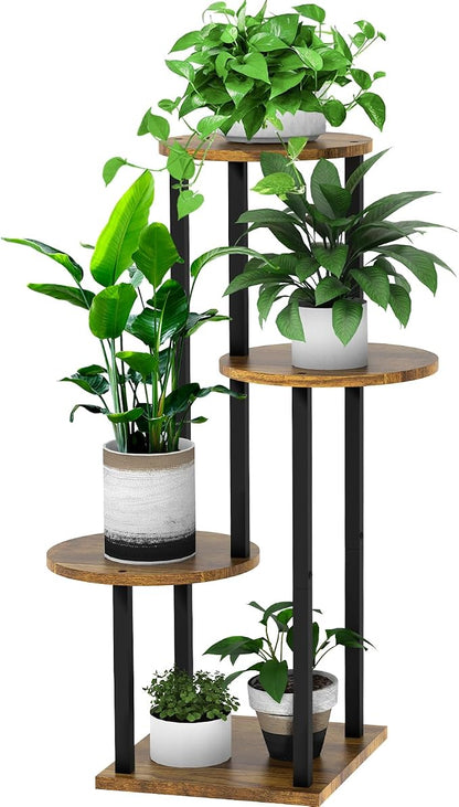 4 Tier Wood Tall Plant Stand Metal Rack Indoor, Round Planter Shelf Display by YOCOMEY