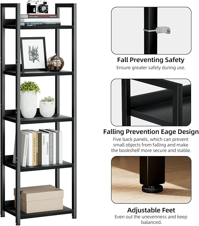 NUMENN Narrow Bookshelf, 5 Tier Bookshelves, Home Office Bookcase Shelf Storage - Image 5