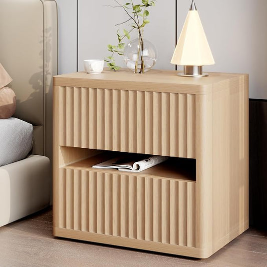 Dripex Fluted Nightstand with 2 Drawers, Large Wide Wood Night Stand Bedside by Dripex