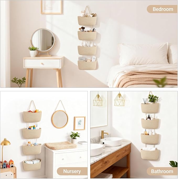Dahey Over The Door Hanging Basket Storage 4-Tier Woven Wall Basket, Jute | - Image 7