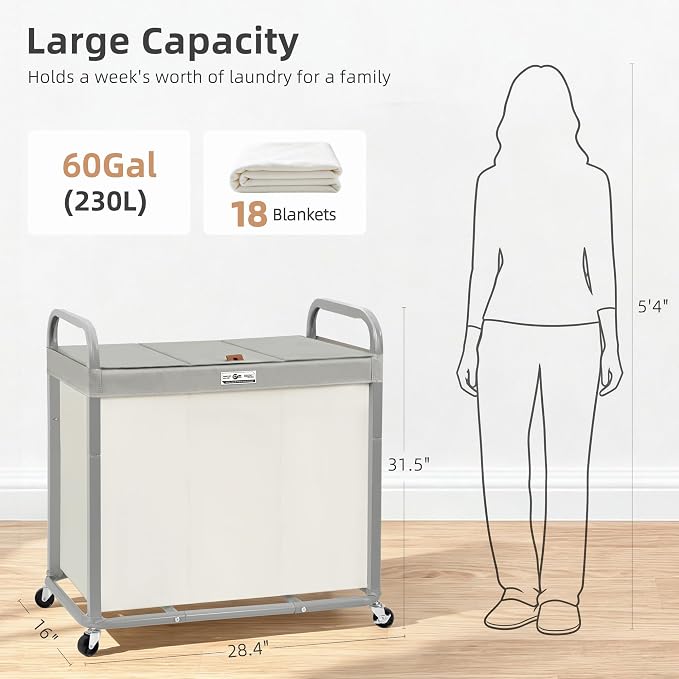STORAGE MANIAC 3 Section Laundry Sorter, 60 Gal. Laundry Hamper Cart - Image 3