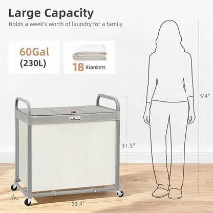 STORAGE MANIAC 3 Section Laundry Sorter, 60 Gal. Laundry Hamper Cart - Image 3