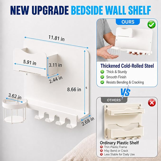 Floating Bedside Wall Shelf, Metal Bedside Wall Organizer - Image 2