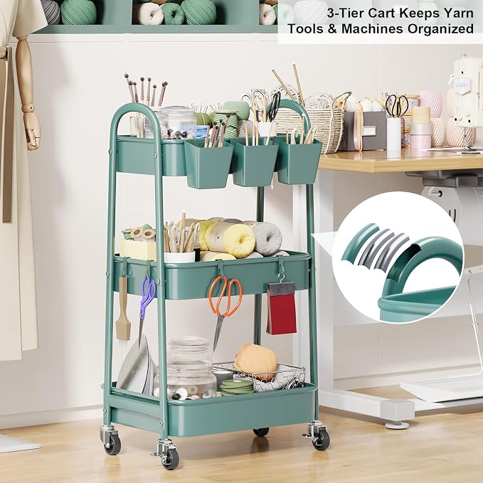 3 Tier Green Metal Rolling Cart - Image 2
