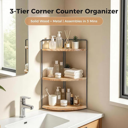 3 Tier Corner Bathroom Counter Organizer – Solid Wood + Metal Stand, Bathroom - Image 2