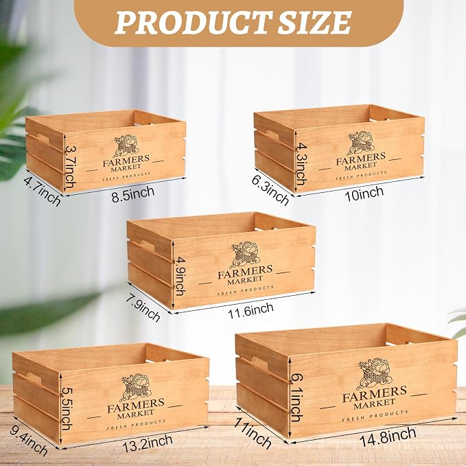 Barydat Set of 5 Wood Crates for Display Decorative Nesting Wooden Crate Storage - Image 2
