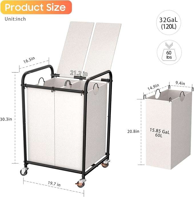 120L Laundry Sorter 2 Section, Rolling Laundry Basket - Image 2