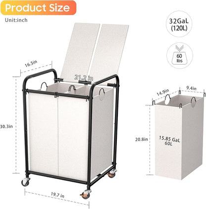 120L Laundry Sorter 2 Section, Rolling Laundry Basket - Image 2