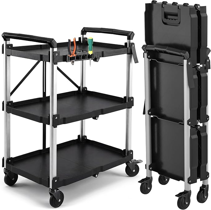 YITAHOME 3-Tier Large Folding Utility Cart w/Wheels, 300lbs | Foldable Service by YITAHOME