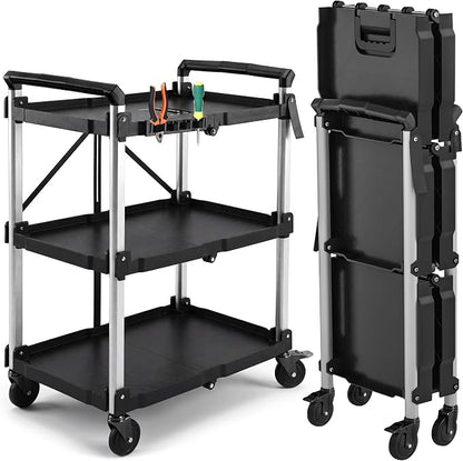 YITAHOME 3-Tier Large Folding Utility Cart w/Wheels, 300lbs | Foldable Service by YITAHOME