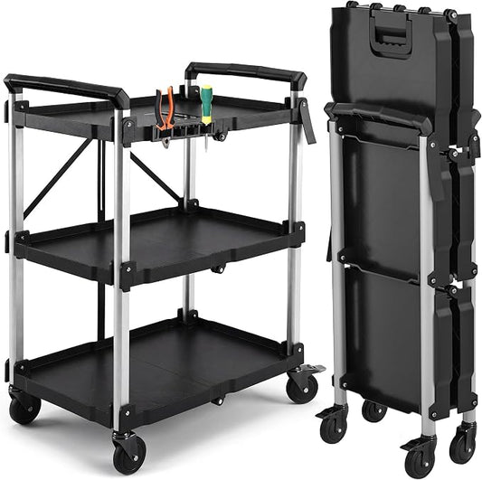 YITAHOME 3-Tier Large Folding Utility Cart w/Wheels, 300lbs | Foldable Service by YITAHOME