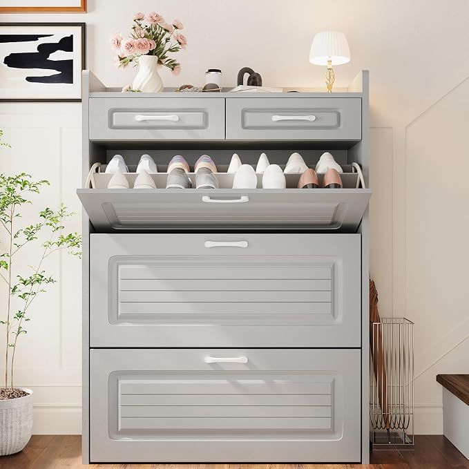 Shoe Cabinet with 3 Large Flip Drawers and 2 Storage Drawers, Narrow Shoe by HZANHYProfessionalbrand