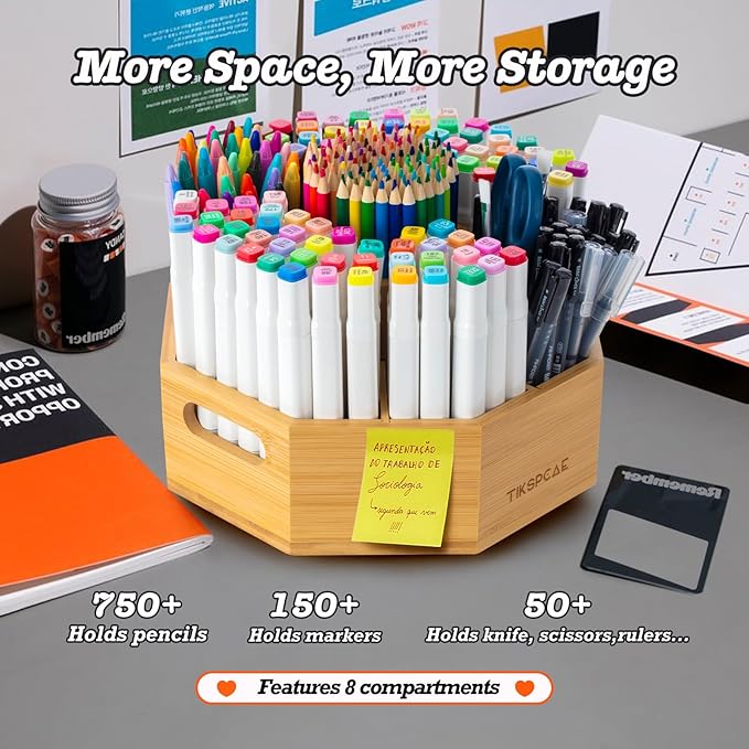 360° Rotating Art Supply Organizer, Holds 750+ Pencils, Bamboo Marker & Pen - Image 3