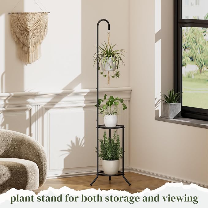 2-Tier Metal Plant Stand with Hanging Hook, Space-Saving Iron Plant Shelf - Image 7