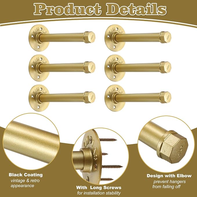 BTSKY 6 Pack Clothes Rack with Screws, 8 Inch Metal Industrial Pipe Clothes Bars - Image 6