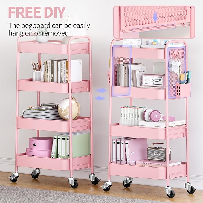 TOOLF 4 Tier Rolling Cart with Pegboard, Metal Storage Organizer Cart with - Image 6