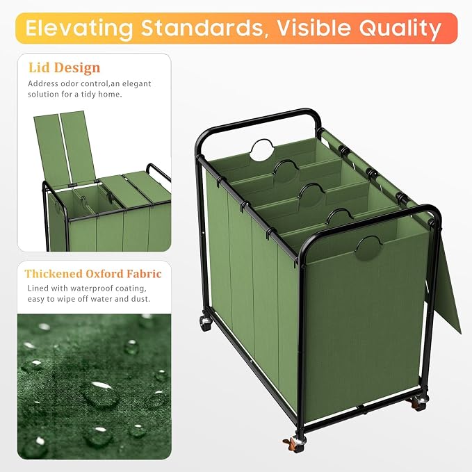Laundry Sorter 4 Sections 48 Gal, Rolling Laundry Basket - Image 4