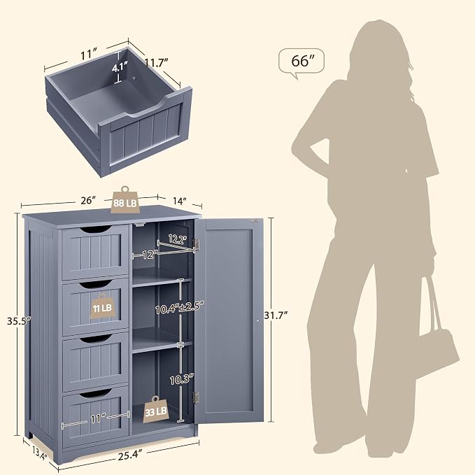 Yaheetech Large Bathroom Storage Cabinet, Freestanding Floor Cabinet - Image 3