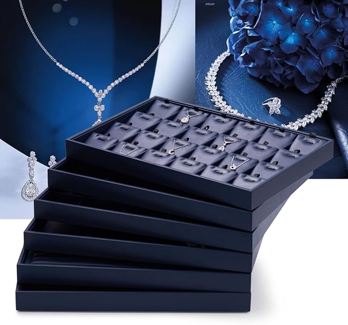 Oirlv Stackable Necklace Pendant Bracelet Organizer Tray Blue Leather Jewelry - Image 2