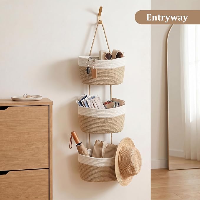 TeoKJ Over the Door Hanging Basket, 3-Tier Woven Cotton Wall-Mounted Storage - Image 7