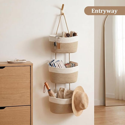 TeoKJ Over the Door Hanging Basket, 3-Tier Woven Cotton Wall-Mounted Storage - Image 7