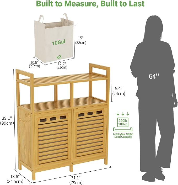 Homykic Tilt Out Laundry Hamper Cabinet, Bamboo Double Laundry Hamper - Image 7