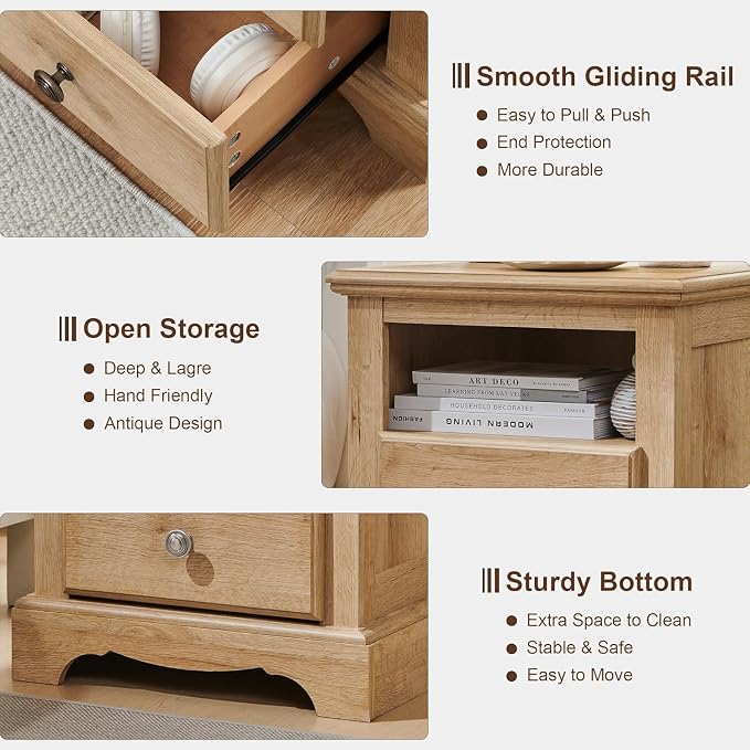 T4TREAM Nightstand with Charging Station, 18 Inch Vintage End Table with 2 - Image 7