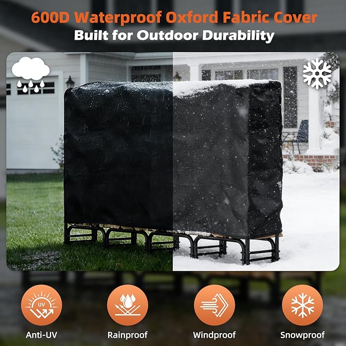 8FT Firewood Rack with Cover Outdoor, Heavy Duty Wood Storage Rack with 600D - Image 3