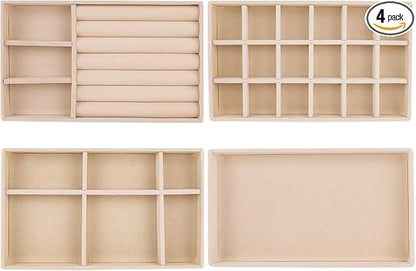 Framendino, 4 Pack Beige Velvet Jewelry Trays Stackable Organizer Drawer by Framendino
