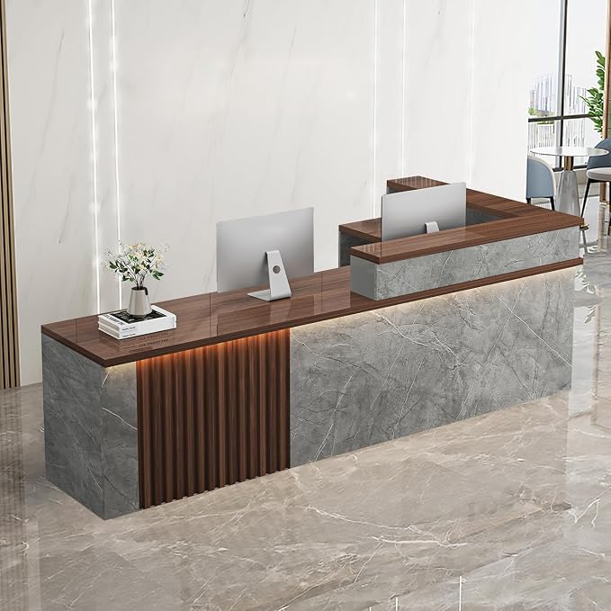 Receptionist Desk with LED Light，Wooden Salon Checkout Counter with Storage by Unknown