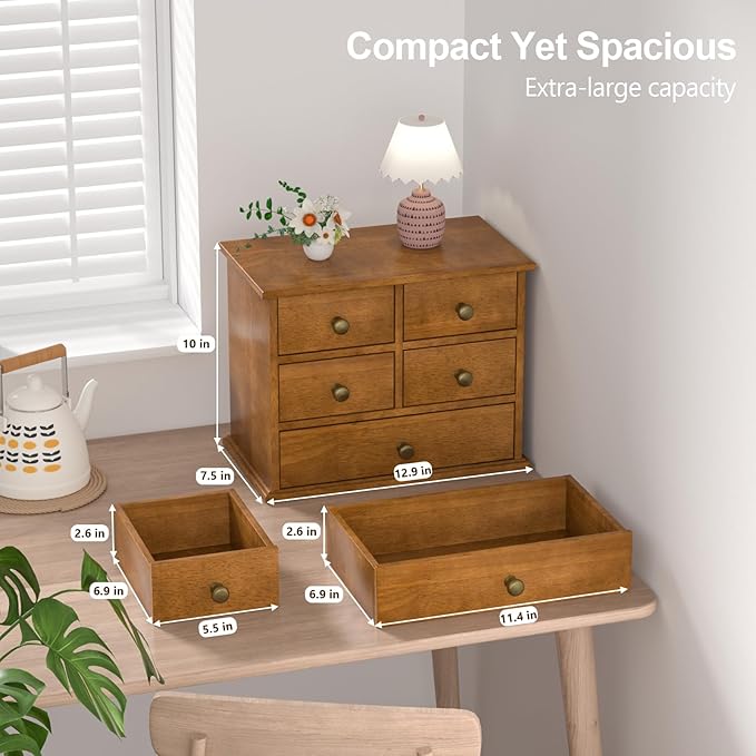 Oak Desk Organizer with Drawers, Durable Wooden Desktop Storage Box | 5 Drawer - Image 2