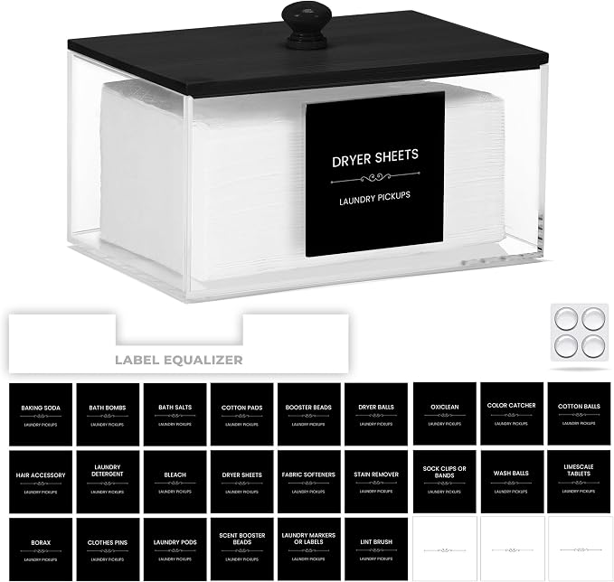 Dryer Sheet Holder with 30 waterproof Labels, Acrylic made tissue box holder by ZUHSANHOMEDECORS
