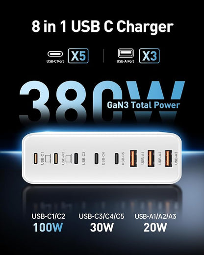 380W USB C Charger Block with 4 USB Cables Dual 100W Charging Station | 8-Port - Image 2