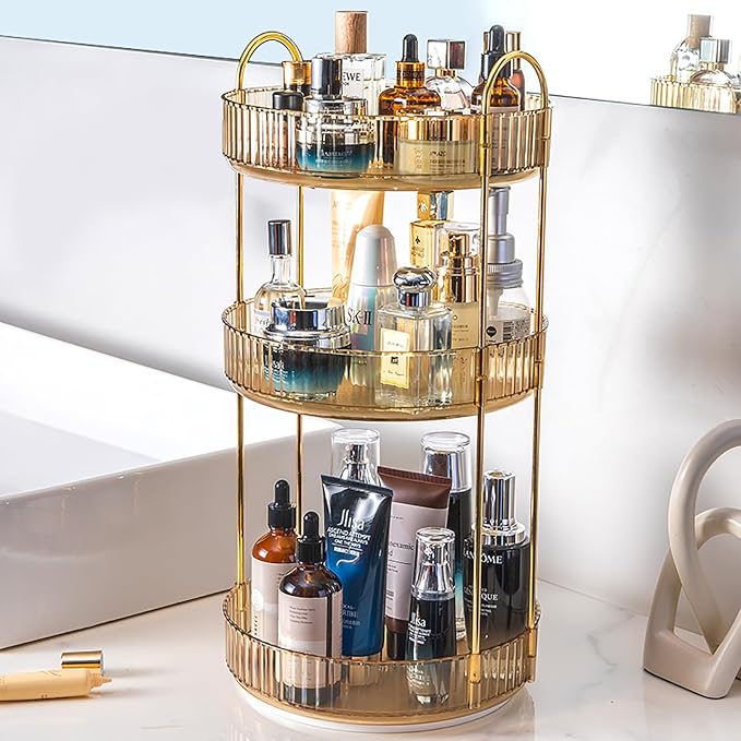 Rotating Makeup Organizer Countertop 3 Tier Lazy Susan Trays Clear Skincare by Zufudo