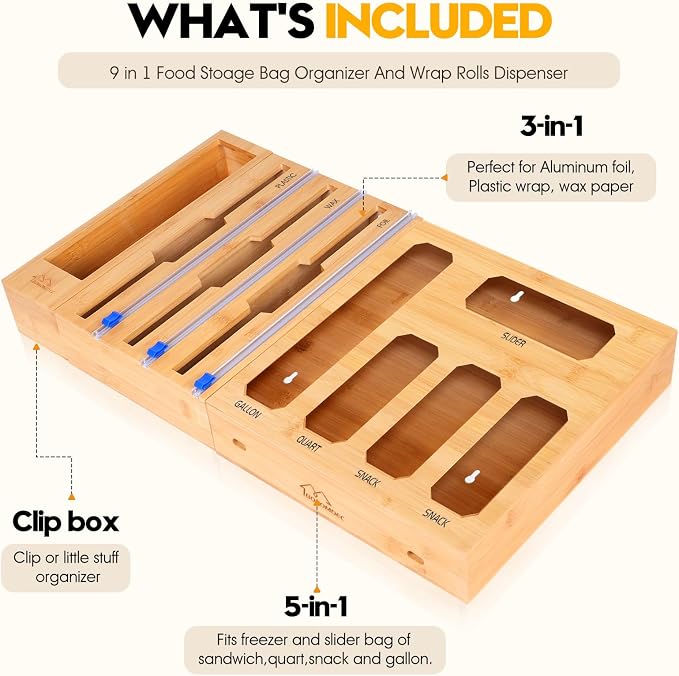 Bamboo Ziplock Bag Organizer for Kitchen Drawer & Wall Mount, Food Storage - Image 6