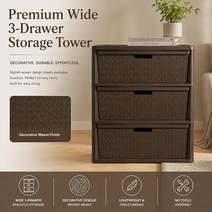 Wide 3 Drawer Plastic Storage Tower Organizer, Tool-Free Assembly Drawer Unit - Image 3