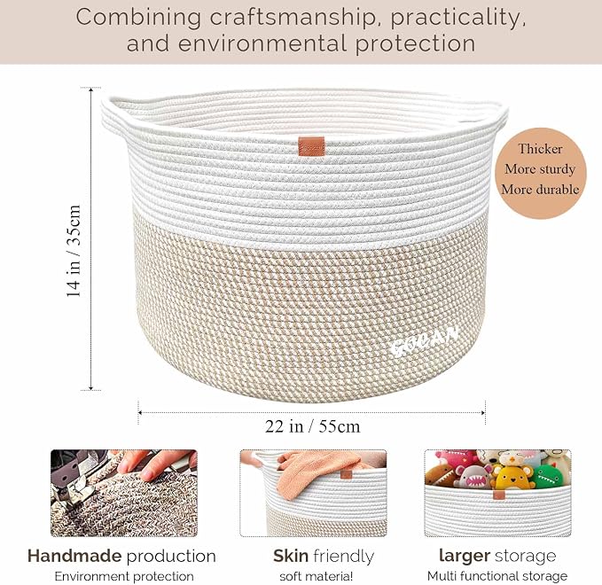 Large Laundry Basket Toy Storage Blanket Basket Woven Cotton Rope Baskets - Image 3