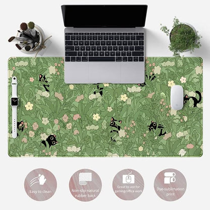 Green Desk Mat XL Cat Cute Plant Cool Desk Pad Keyboard Mat Kawaii Black Cat - Image 6