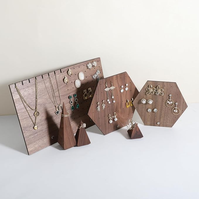 GemeShou Hexagonal Earring Organizer stand, Walnut Plywood Jewelry Display Board - Image 7