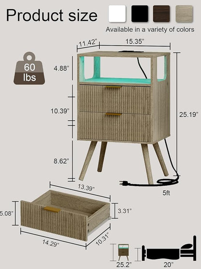 Nightstand with Charging Station and LED Lights, Modern Bedside Table with 2 - Image 2
