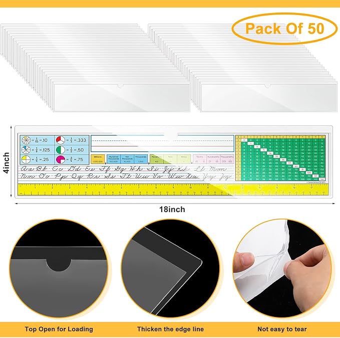 Chinco 50 Pack 18" x 4" Clear Adhesive Pockets, Index Card Pockets - Image 2