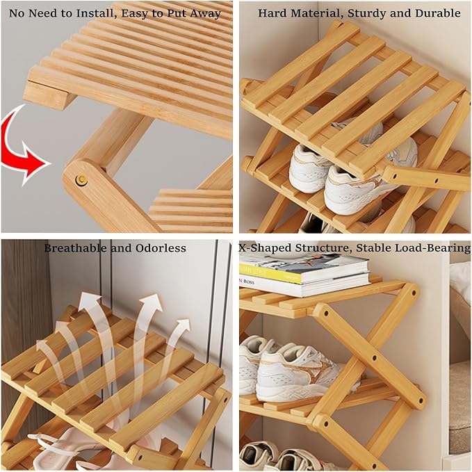 5 Tier Foldable Shoe Rack, Bamboo Vertical Shoe Organizer Tall - Image 4
