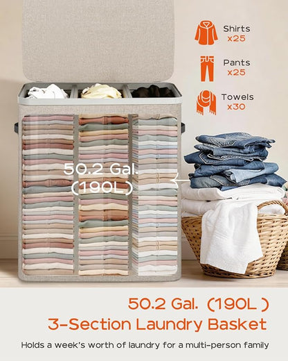 CASAMAYA Laundry Basket with Lid, Laundry Hamper 3 Section, 190L collapsible - Image 3