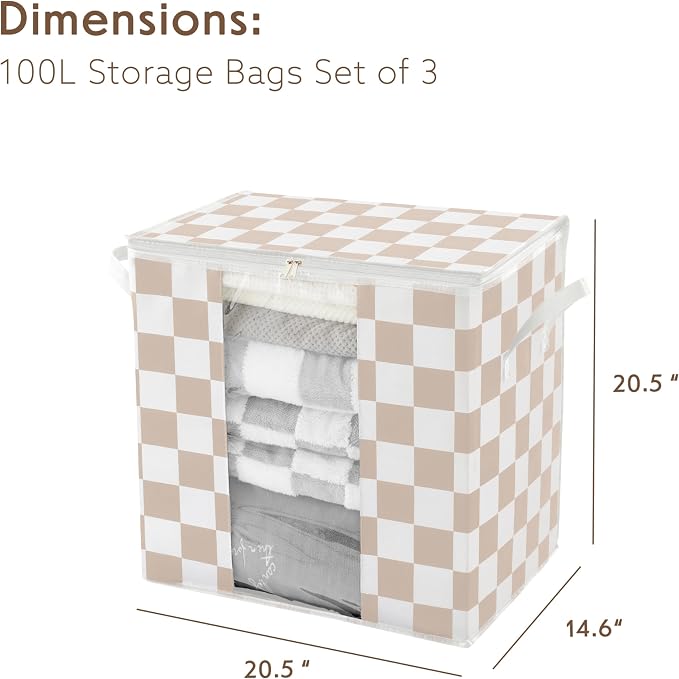 Beige Checkered Clothes Storage Bins, 100L Large Blanket Storage Bags 3 Pack - Image 2