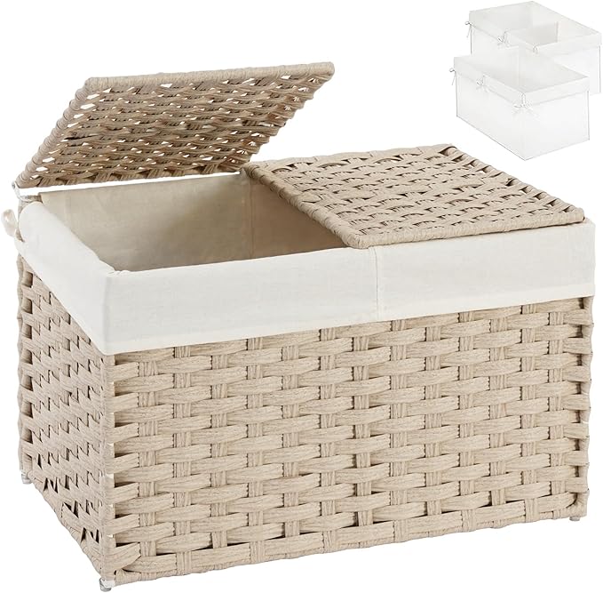 SETVSON Storage Basket with Lid, PE Rattan Storage Bin Light Khaki | Decorative by SETVSON