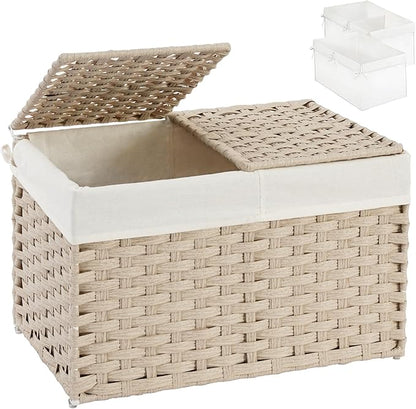 SETVSON Storage Basket with Lid, PE Rattan Storage Bin Light Khaki | Decorative by SETVSON